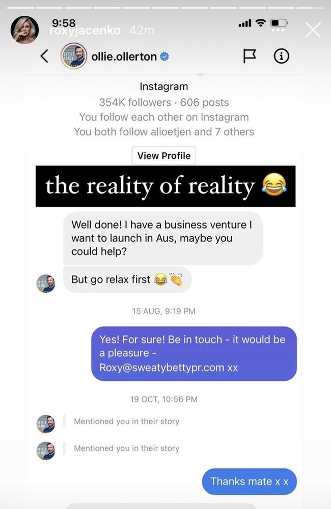 Roxy Jacenko posted this private message exchange between her and SAS Australia instructor Ollie Ollerton. https://instagram.com/roxyjacenko?igshid=16kxr09lnttuz