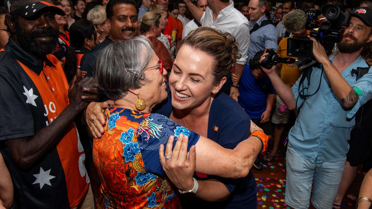 Country Liberal Party leader Lia Finocchiaro arrives to cheers after her party's 2024 Northern Territory election win. Picture: Pema Tamang Pakhrin