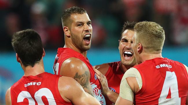 Lance Franklin excites the crowd — and his teammates. Picture: Phil Hillyard