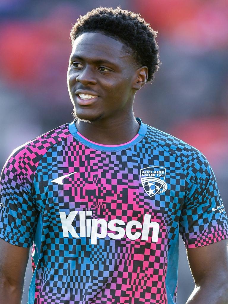 Musa Toure of Adelaide United during warm ups last year. Picture: Mark Brake/Getty Images