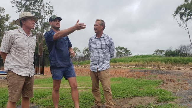 Luke Nixon (centre) talks about plans to rebuild his home which was destroyed by the 2019 Cobraball bushfires with Crs Adam Belot and Pat Eastwood.