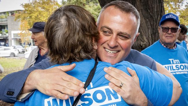Liberals candidate Tim Wilson celebrates after defeating Independent Zoe Daniel in the seat of Goldstein. Picture: Jake Nowakowski