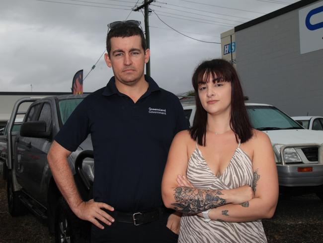 Cairns Cars & 4WD sales manager Tom McGarrie and siblings Lashae Harding and Hayden Harding, whose parents own the Bungalow car dealership, were shocked to find five cars allegedly stolen from the family business earlier this week. Photo: Catherine Duffy.