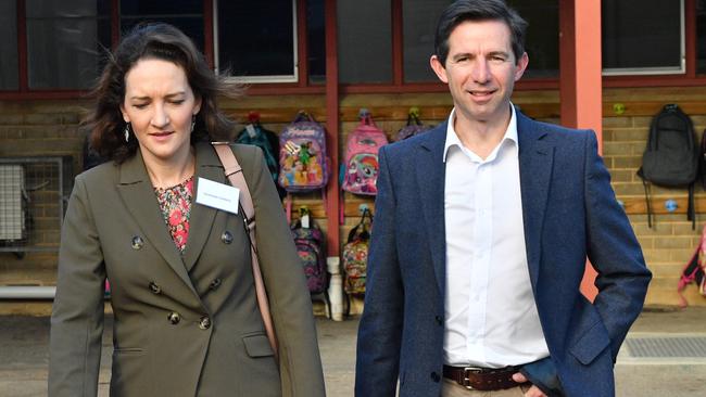 Simon Birmingham and Liberal candidate for Mayo Georgina Downer. Picture: AAP