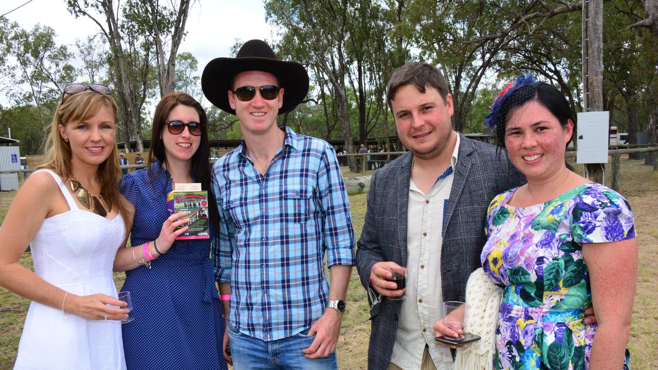 Kathleen Heuvel, Trina Wallace, Niall Murray, Nick Devine and Corinne Devine have a great time at the Burrandowan Picnic Races. Photo: Aiden Burgess / South Burnett Times