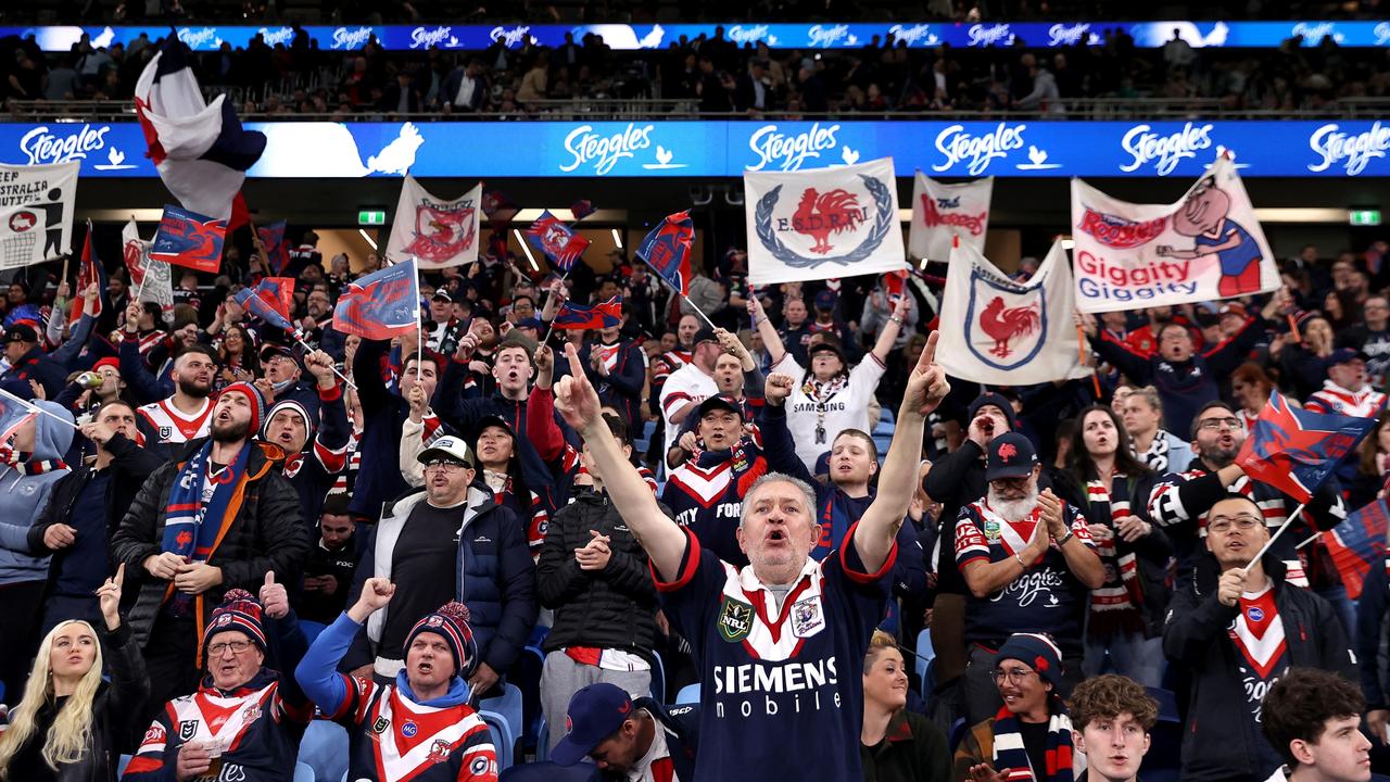 Roosters fans secured premium seats to Sunday’s blockbuster while their rival fans were locked out. Picture: Cameron Spencer/Getty