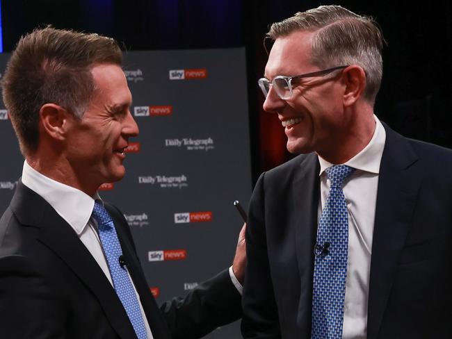 **Embargoed for The Daily Telegraph***.22, March, 2023., NSW Labor leader, Chris Minns, and NSW Premier Dominic Perrottet, meet at the start of The NSW PeopleÃ•s Forum. Sky News televised debate, at Penrith Panthers Rugby Leagues Club, Penrith, tonight., , Picture: Justin Lloyd.