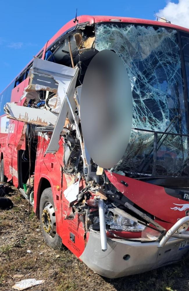 Photographs taken in the immediate aftermath of a horror fatal Greyhound passenger bus crash at Gumlu on the Bruce Highway south of Ayr on Sunday. Picture: Supplied