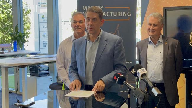 Queensland Treasurer Cameron Dick with Minister Resources Scott Stewart (left) and Mackay Regional Council mayor Greg Williamson (right) at the Mackay Resources Centre of Excellence funding announcement. Picture: Max O'Driscoll