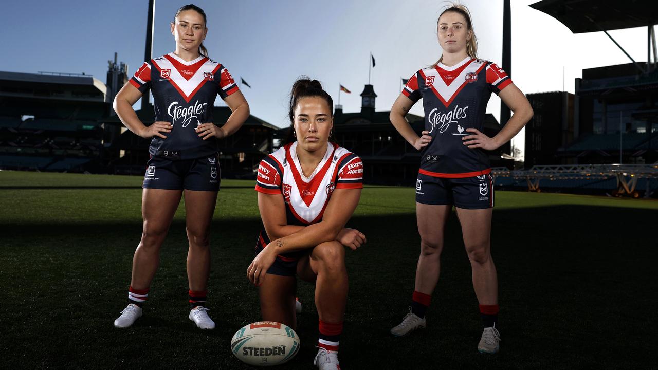 (L-R) Keely Davis, Isabelle Kelly and Tarryn Aiken from the Sydney Roosters ahead of their first home game at the SCG for 2023. Picture: Phil Hillyard.