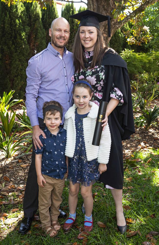 Bachelor of Education (Secondary) graduate Amber Le Petit with husband Dean Le Petit and their kids Micah and Esther at a UniSQ graduation ceremony at The Empire, Tuesday, October 29, 2024. Picture: Kevin Farmer