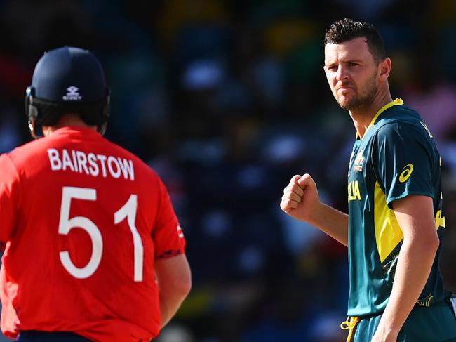 BRIDGETOWN, BARBADOS - JUNE 08: Josh Hazlewood of Australia celebrates after teammate Glenn Maxwell (not pictured) takes the wicket of Jonny Bairstow during the ICC Men's T20 Cricket World Cup West Indies & USA 2024 match between Australia  and England at  Kensington Oval on June 08, 2024 in Bridgetown, Barbados. (Photo by Gareth Copley/Getty Images)