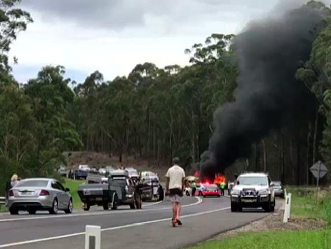 The scene of the fiery crash at Mondayong, near Sussex Inlet, which killed Home and Away actor Jessica Falkholt’s parents and sister. Picture: Twitter