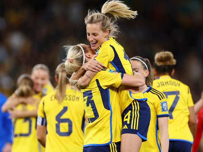 Swedish players celebrate their victory. Picture: Cameron Spencer/Getty Images.