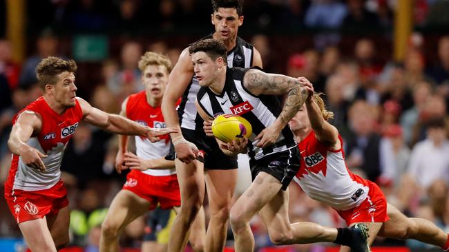 Jack Crisp played his 200th game in Collingwood’s narrow preliminary final loss to Sydney at the SCG. Picture: Getty Images