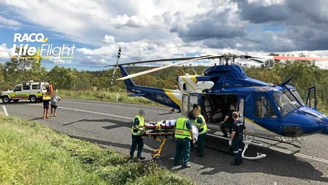 A man in his 20s is airlifted to hospital after his motorbike collided with a tree north of Biggenden. Picture: Courtesy RACQ LifeFlight Rescue