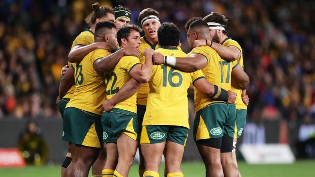 Wallaby forwards in a huddle during the match against Manu Samoa in Sydney in September. Picture: Getty Images