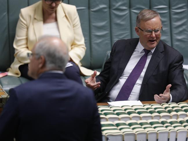 Prime Minister Scott Morrison and Opposition leader Anthony Albanese during Question Time in the House of Representatives at Parliament House in Canberra. Picture by Sean Davey.