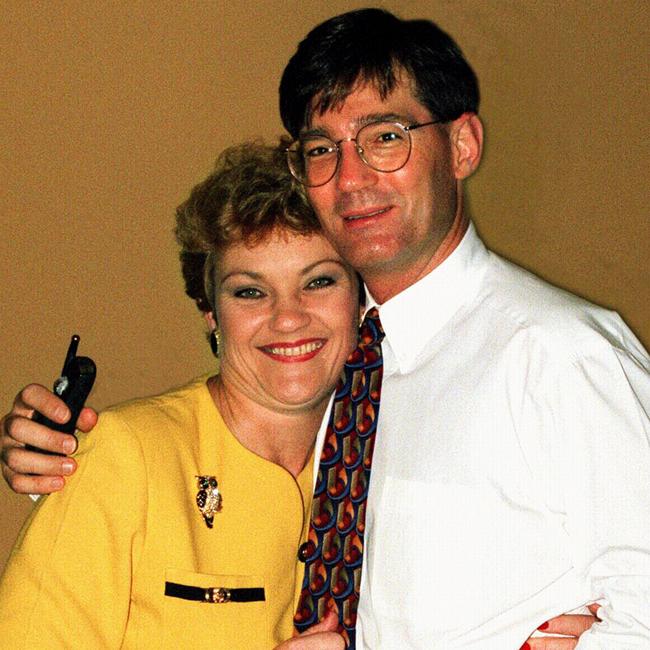 Pauline Hanson with then adviser David Oldfield in Brisbane tally room during counting in a Queensland state election. Picture: Jeff Darmanin