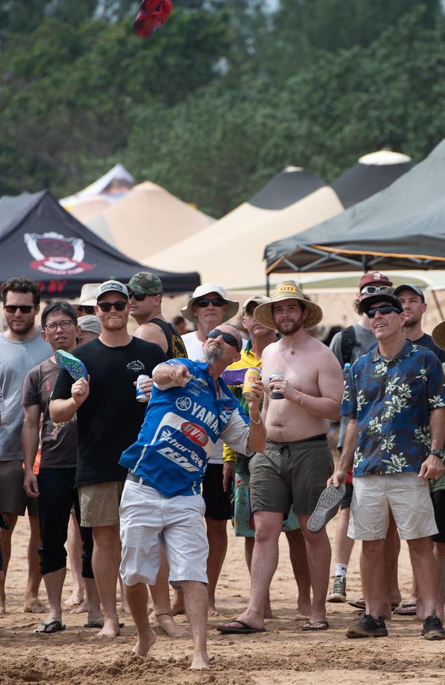 Chris Rothwell in Men’s Slappa’s Thong Throw at the Darwin Beer Can Regatta at Mindil Beach, 2023. Picture: Pema Tamang Pakhrin