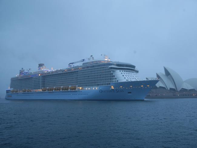 The massive cruise ship Ovation of the Seas docked in Sydney under gloomy and wet conditions. Picture: Bill Hearne