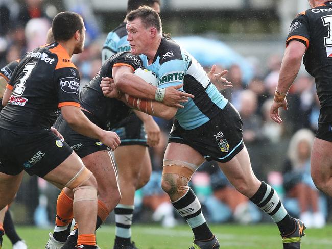 Cronulla's Paul Gallen on his way to scoring a try during the Cronulla Sharks v Wests Tigers NRL match at Southern Cross Group Stadium, Cronulla. Picture: Brett Costello