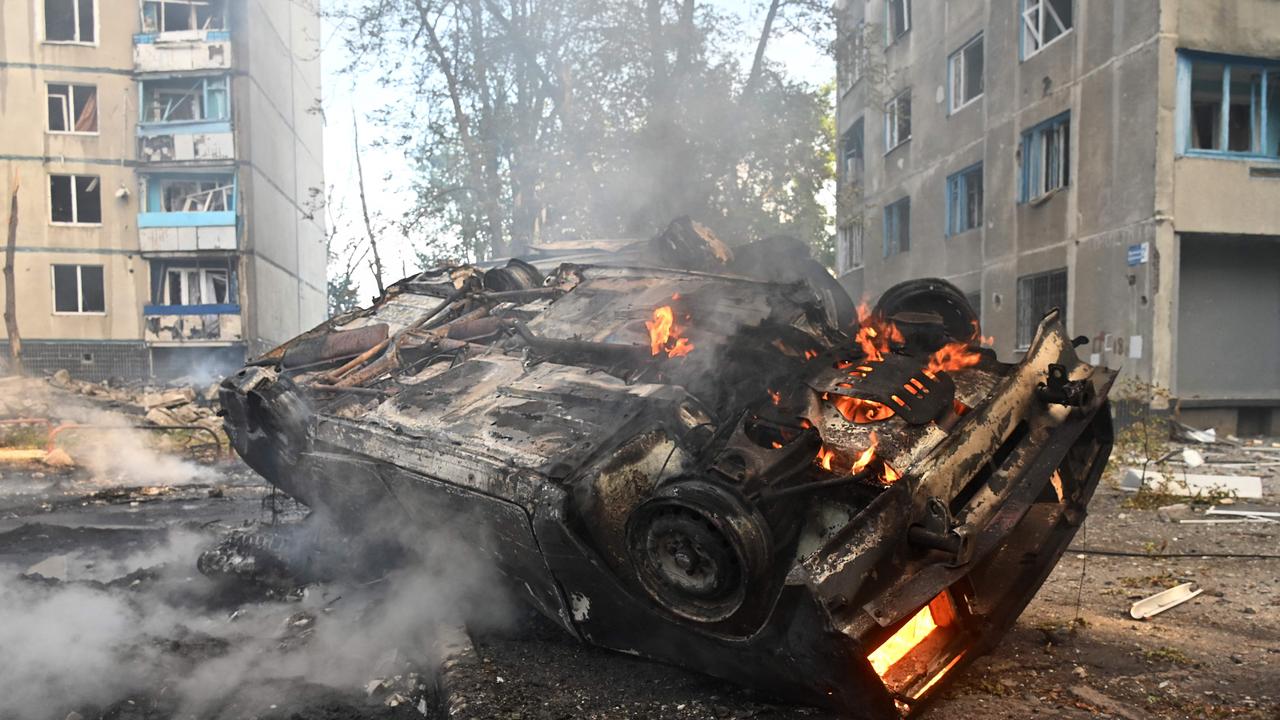 A burnt-out car after the strike. Picture: Sergey Bobok/AFP