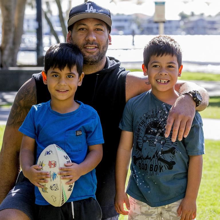 <p>Faces of the Gold Coast at Paradise Point. Michael Tihema with his son's Curz, 5, and Kaia, 7. Picture: Jerad Williams</p>