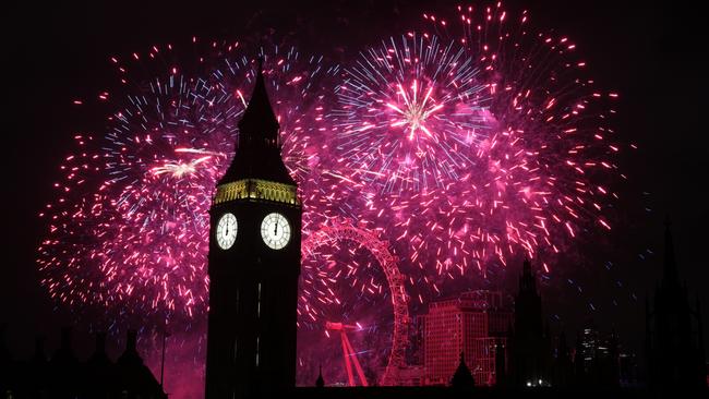 Fireworks light up the night sky over Big Ben ringing in the new year on January 1, 2025 in London. Picture: Getty