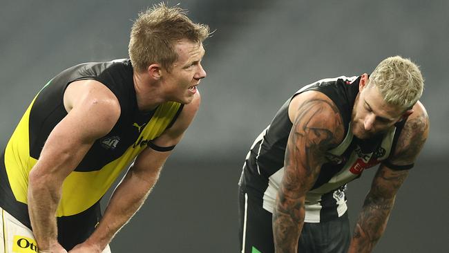 Richmond’s Jack Riewoldt and Collingwood’s Jeremy Howe after the final siren. Picture: Getty Images