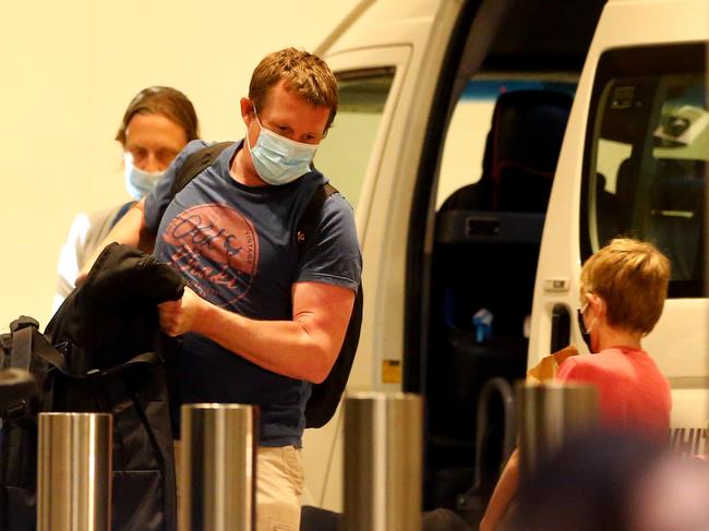 Returned travellers are released from The Westin Hotel in Brisbane. Picture: David Clark