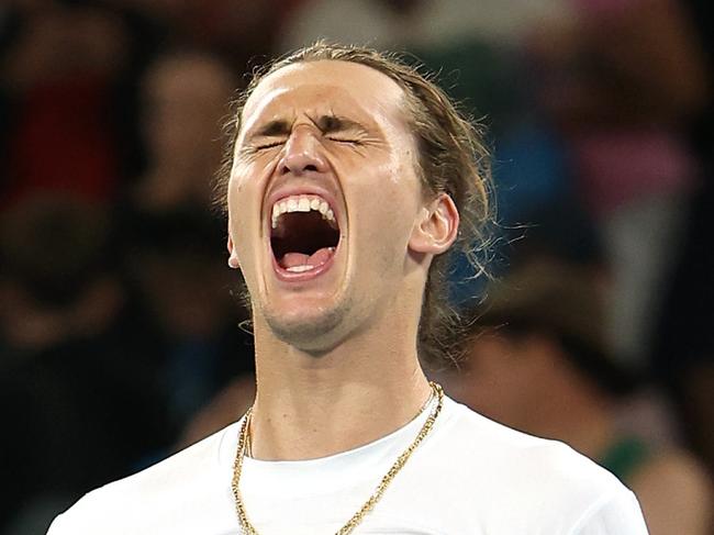 MELBOURNE, AUSTRALIA - JANUARY 18: Alexander Zverev of Germany celebrates match point in their round two singles match against Lukas Klein of Slovakia during the 2024 Australian Open at Melbourne Park on January 18, 2024 in Melbourne, Australia. (Photo by Phil Walter/Getty Images)