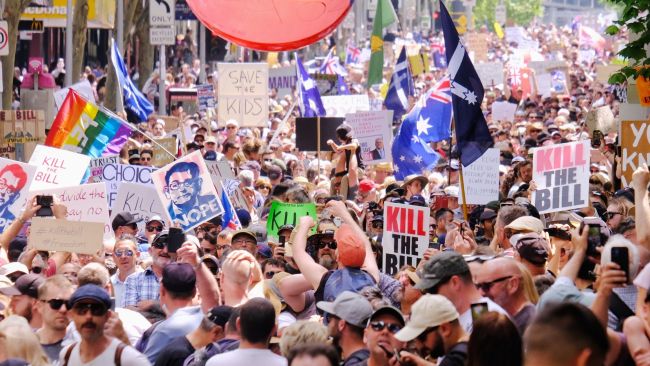 Protesters gathered outside the state library before marching through the streets to state parliament. Picture: NCA NewsWire / Luis Ascui