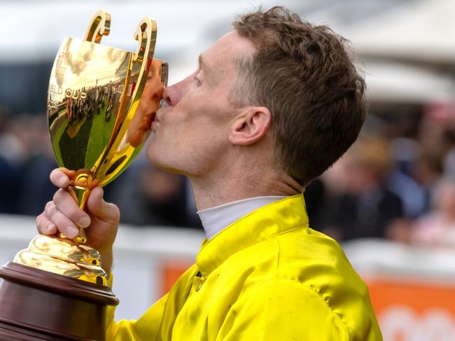 Presentation after Without A Fight (IRE) ridden by Mark Zahra wins the Carlton Draught Caulfield Cup at Caulfield Racecourse on October 21, 2023 in Caulfield, Australia. (Photo by Jay Town/Racing Photos via Getty Images)