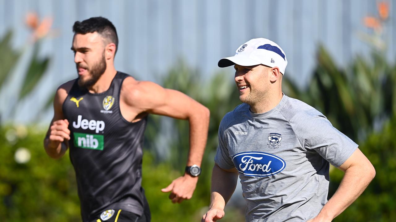 Shane Edwards and Gary Ablett complete a session together. Photo: Quinn Rooney/Getty Images.