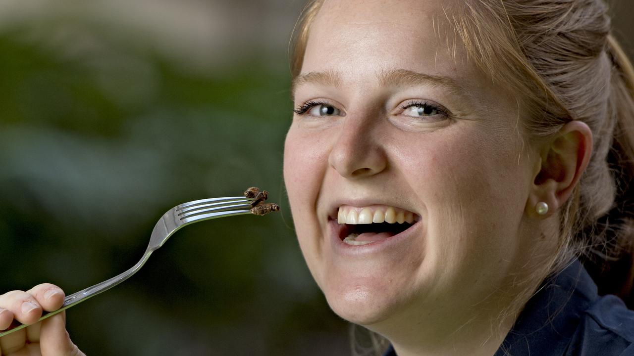 Flinders University student Dimity Dutch, 21, eating crickets. Picture: Naomi Jellicoe
