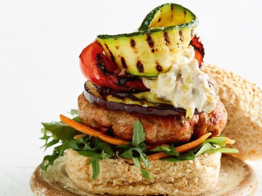 Speedy pork burger with chargrilled veggies.