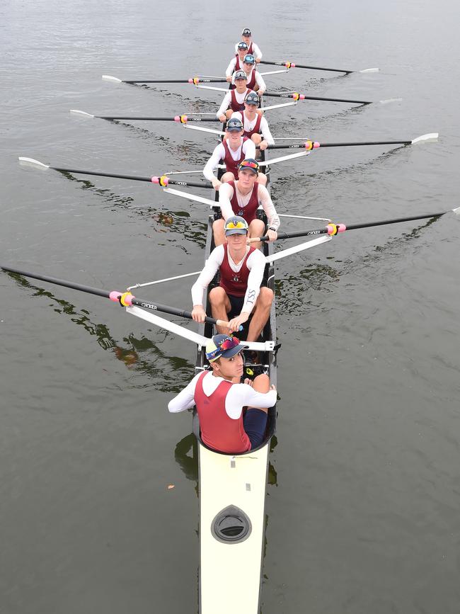 The Southport School will compete in Head of the River next week. The crew on the water. (front to back left to right) coxman Cameron Vele, Zach Nixon, Mackenzie Branch, Lachie Wright, Harry Ward, Baxter Stewart, Grant Callaghan, Kai Dittmar, Dylan Kennedy. Picture: Lawrence Pinder