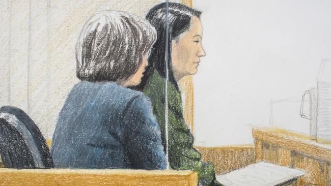 Meng Wanzhou, right, is pictured sitting with a translator during a bail hearing at British Columbia Supreme Court in Vancouver. Picture: AP