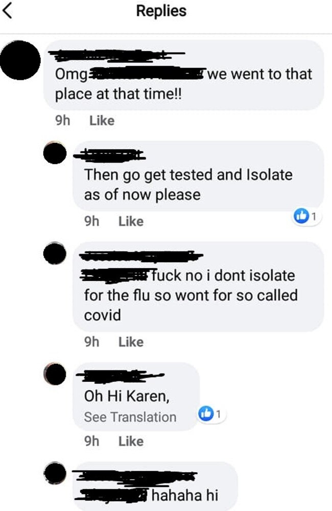 Screenshot where a Facebook user denies needing to get a COVID test or self-isolate despite dining at a restaurant where two COVID-positive teens dined at. Picture: Facebook