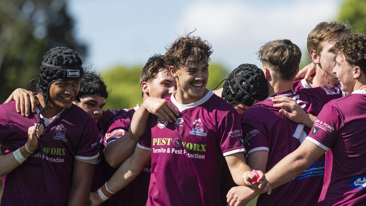 Dalby celebrate their win against Southern Suburbs in the TRL U19 grand final at Toowoomba Sports Ground, Saturday, September 14, 2024. Picture: Kevin Farmer