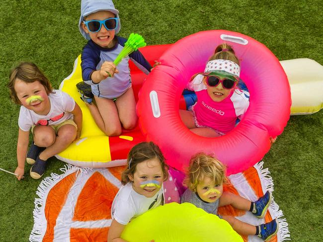 This summer Caulfield Racecourse will see its first ever inflatable waterslide park, Splashland, pop-up for two weeks, featuring six slides for the kids, including the worldÕs largest inflatable waterslide, the Trippo. L>R: Sunday Lehman (3), Zac Hilton (3), Charlotte Lehman (7), Charli Hilton (3) and Fin Lehman (1). Picture: Valeriu Campan