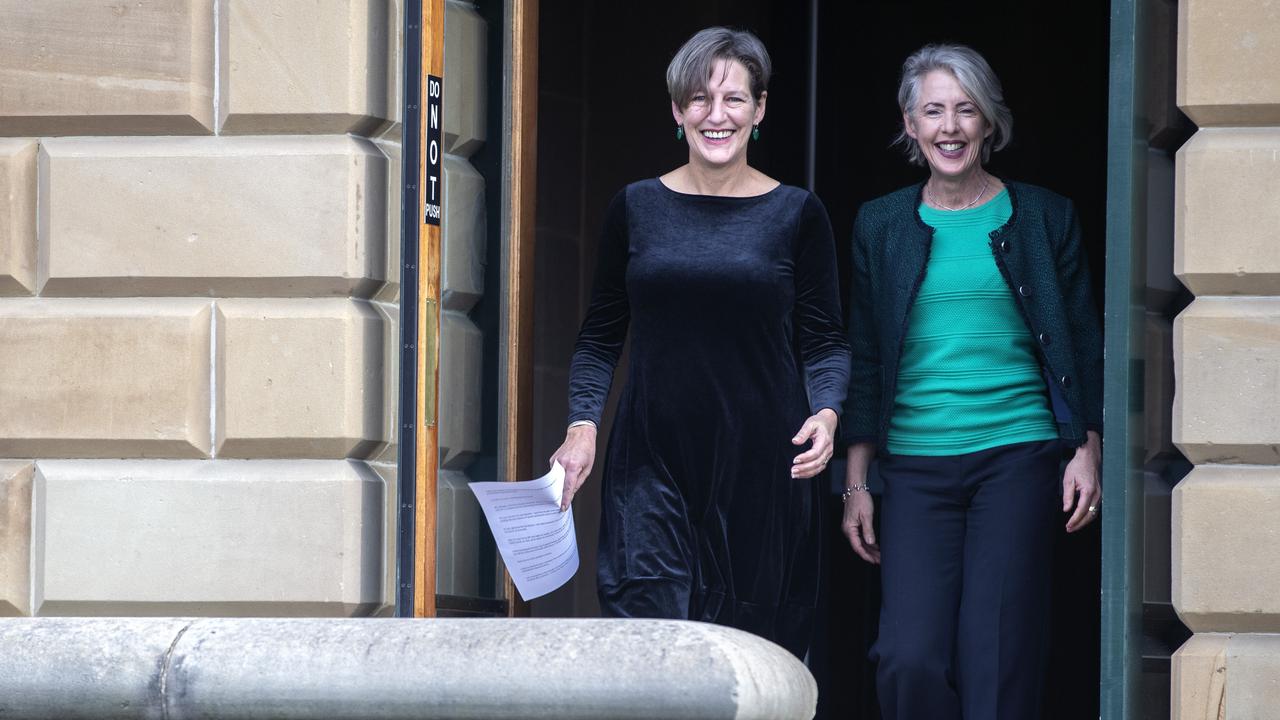 Greens Leader Cassy O'Connor MP announces her resignation with Dr Rosalie Woodruff MP at Hobart. Picture: Chris Kidd