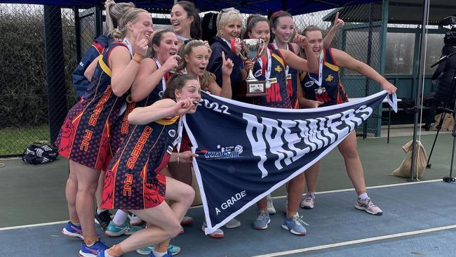 Diggers Rest celebrates its A-Grade netball premiership.