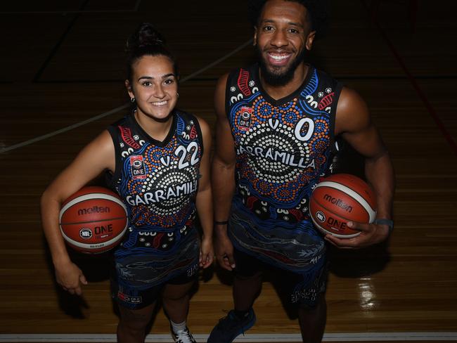 Serena Waters with men’s captain Jerron Jamerson wearing the Salties NAIDOC Week jersey. Picture: (A)manda Parkinson