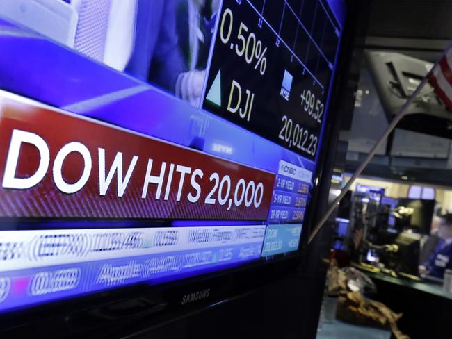 A television screen on the floor of the New York Stock Exchange headlines the Dow Jones industrial average, Wednesday, Jan. 25, 2017. The DJIA is trading over 20,000 points for the first time, the latest milestone in a record-setting drive for the stock market. The market has been marching steadily higher since bottoming out in March 2009 in the aftermath of the financial crisis. (AP Photo/Richard Drew)