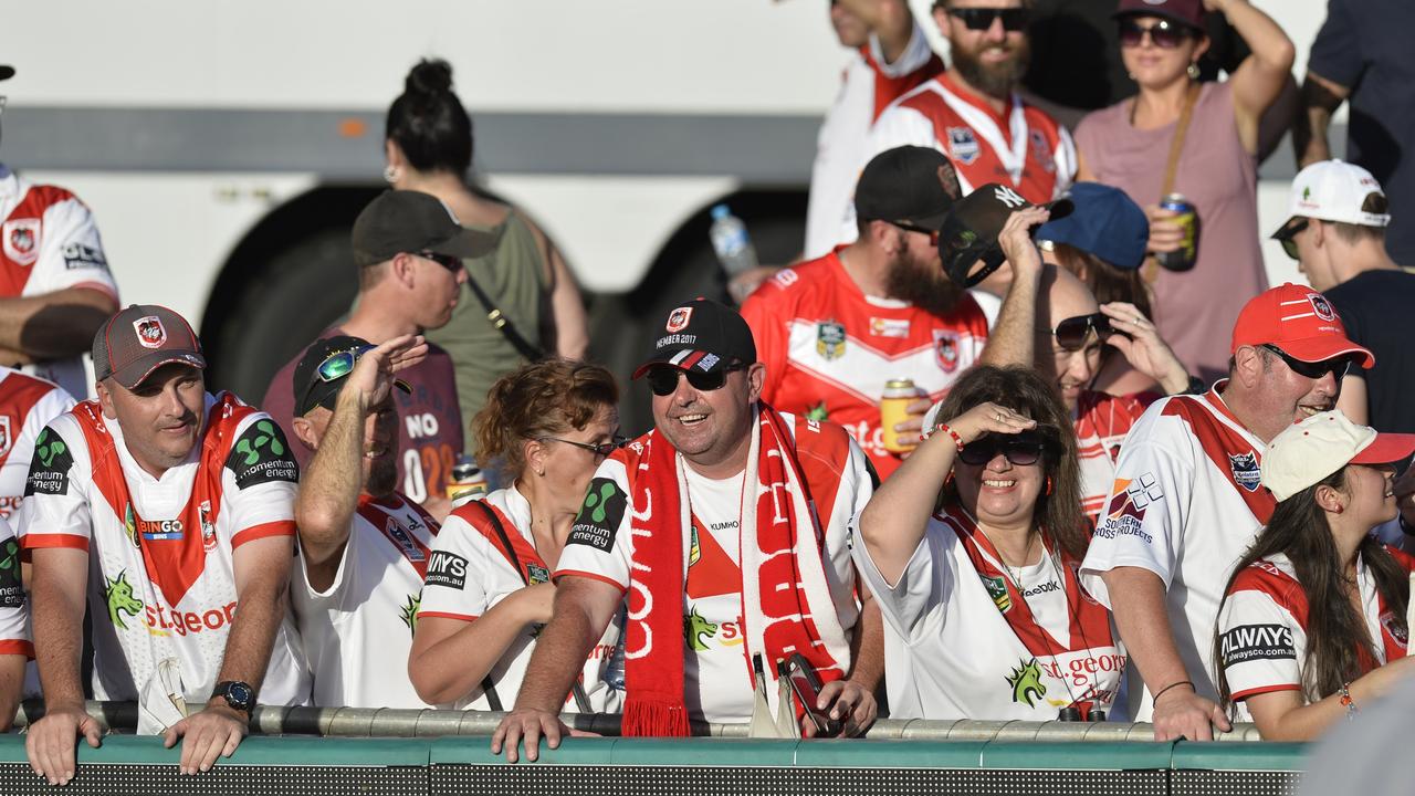 Happy St George Illawarra Dragons supporters after defeating Gold Coast Titans in NRL round 3 at Clive Berghofer Stadium, Sunday, March 25, 2018.