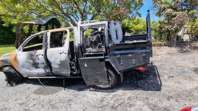 Rebecca and Chris Kline HiLux utility vehicle was destroyed in their driveway during a deliberate firebombing in 2021. Picture: Supplied