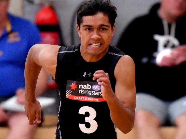 Trent Burgoyne undertakes a sprint test during the 2019 NAB AFL State Draft Combines at Prince Alfred College in Adelaide, Saturday, October 12, 2019. (AAP Image/Sam Wundke) NO ARCHIVING