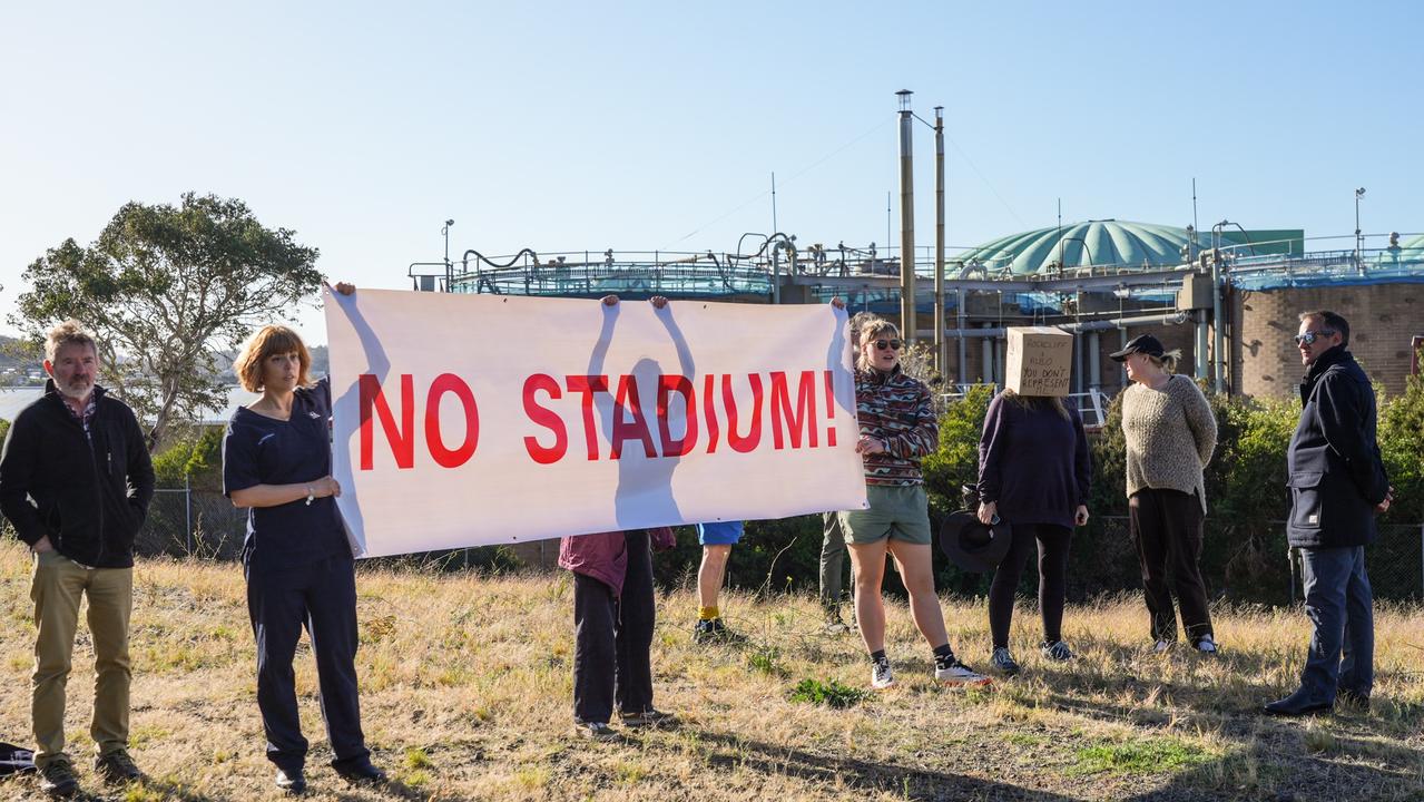 A group of protesters, armed with umpires’ whistlers and banners, disrupted Mr Albanese’s announcement. Picture: NCA NewsWire/Alastair Bett